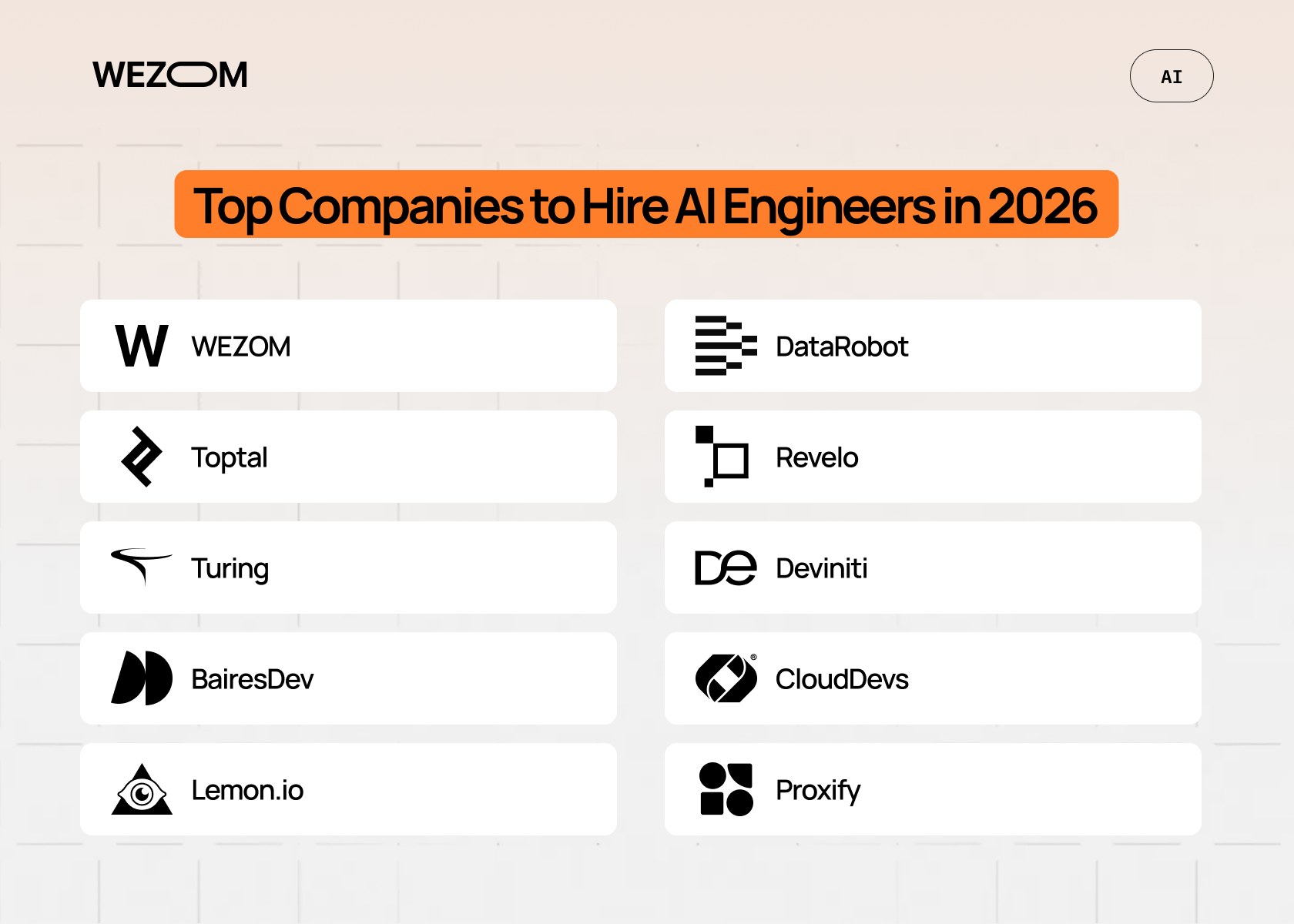 top companies to hire AI engineers comparison list including WEZOM, Toptal, Turing, BairesDev, DataRobot top companies to hire AI engineers comparison list including WEZOM, Toptal, Turing, BairesDev, DataRobot